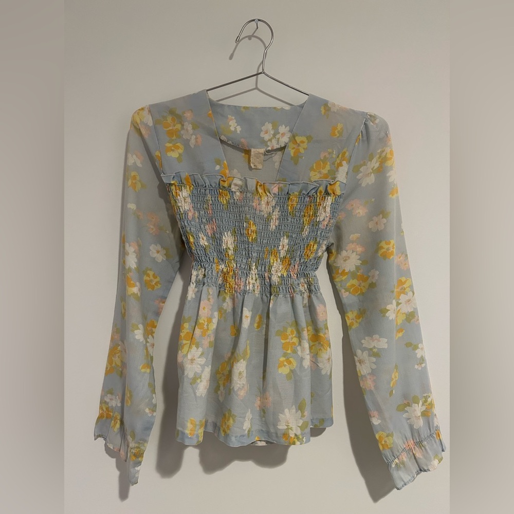 Vintage Light Blue and Yellow Floral Babydoll Blouse